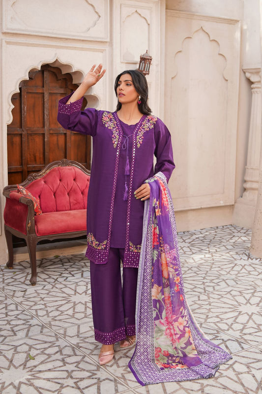 3 Piece Cotton Embroidered Suit-KA844