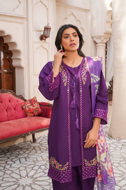 3 Piece Cotton Embroidered Suit-KA844