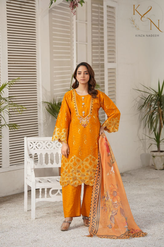 3 Piece Cotton Embroidered Suit-KA895