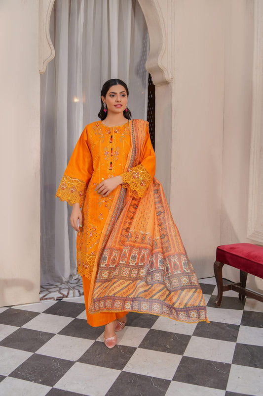 3 Piece Cotton Embroidered Suit-KA863