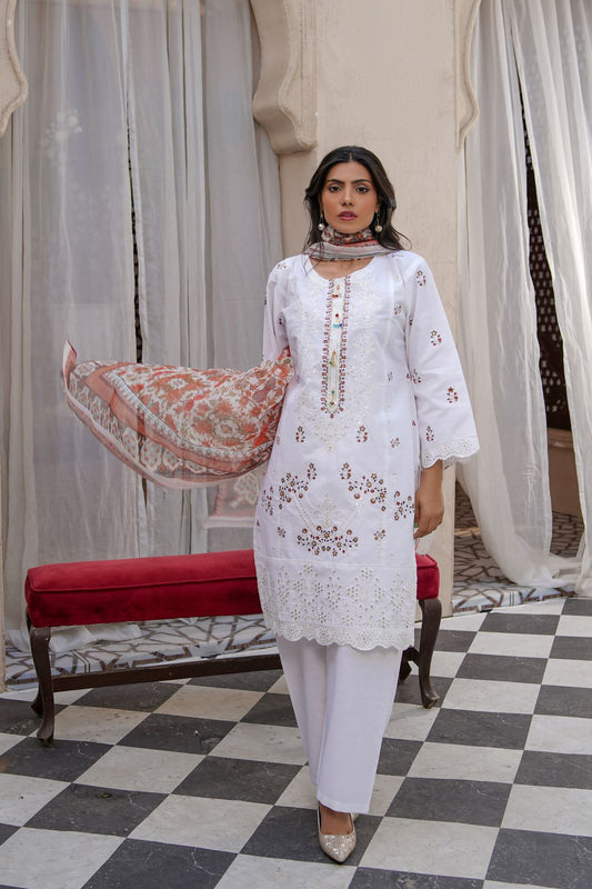 3 Piece Cotton Embroidered Suit-KA940