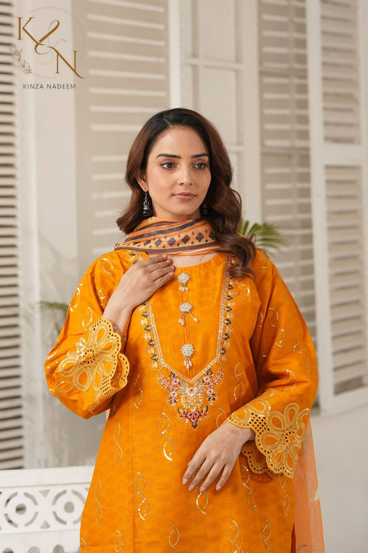 3 Piece Cotton Embroidered Suit-KA895